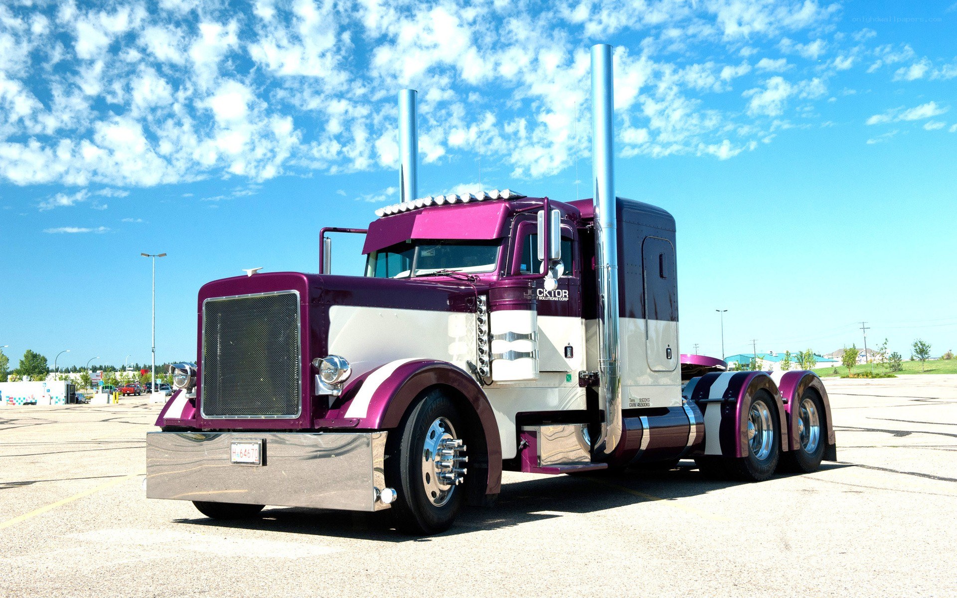 purple and white semi-truck