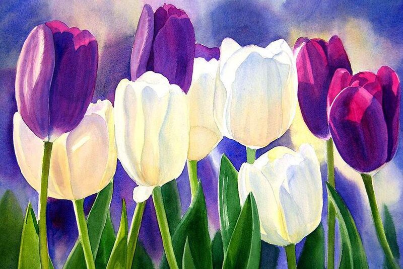 Purple and White Tulips — Serene, Spring, Painting
