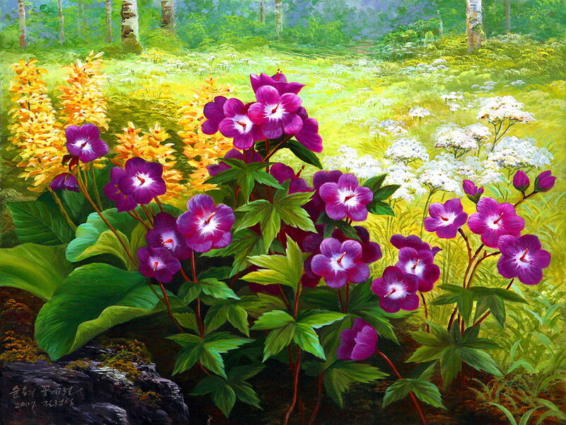 Purple and Yellow Flowers — Serene, Afternoon, Painting