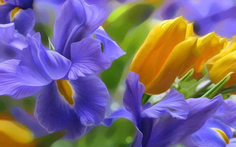 Purple and Yellow Flowers — Vibrant, Digital Art