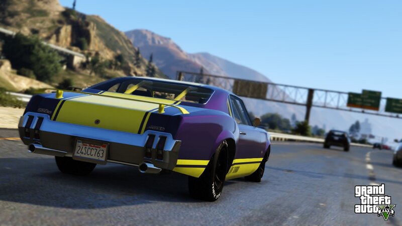 purple and yellow muscle car