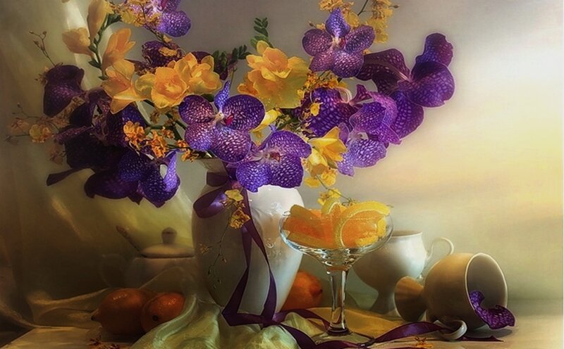 Purple and Yellow Orchids — Serene, Painting