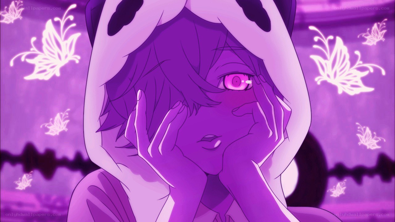 purple anime character with butterflies