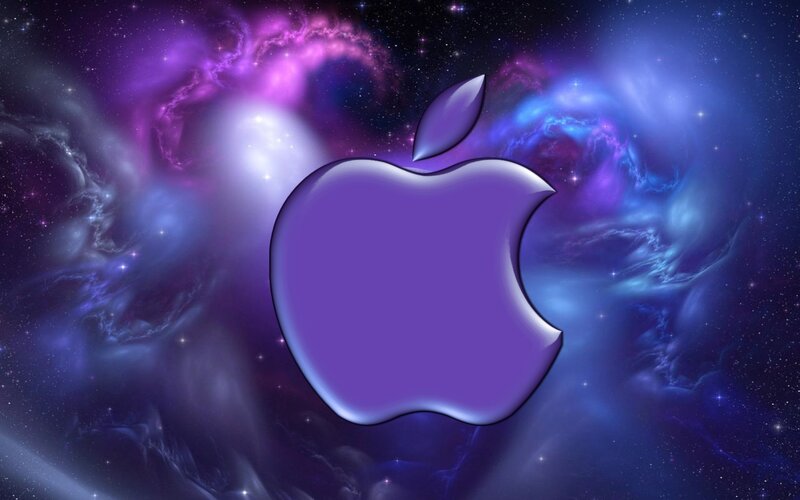 Purple Apple logo on galaxy background