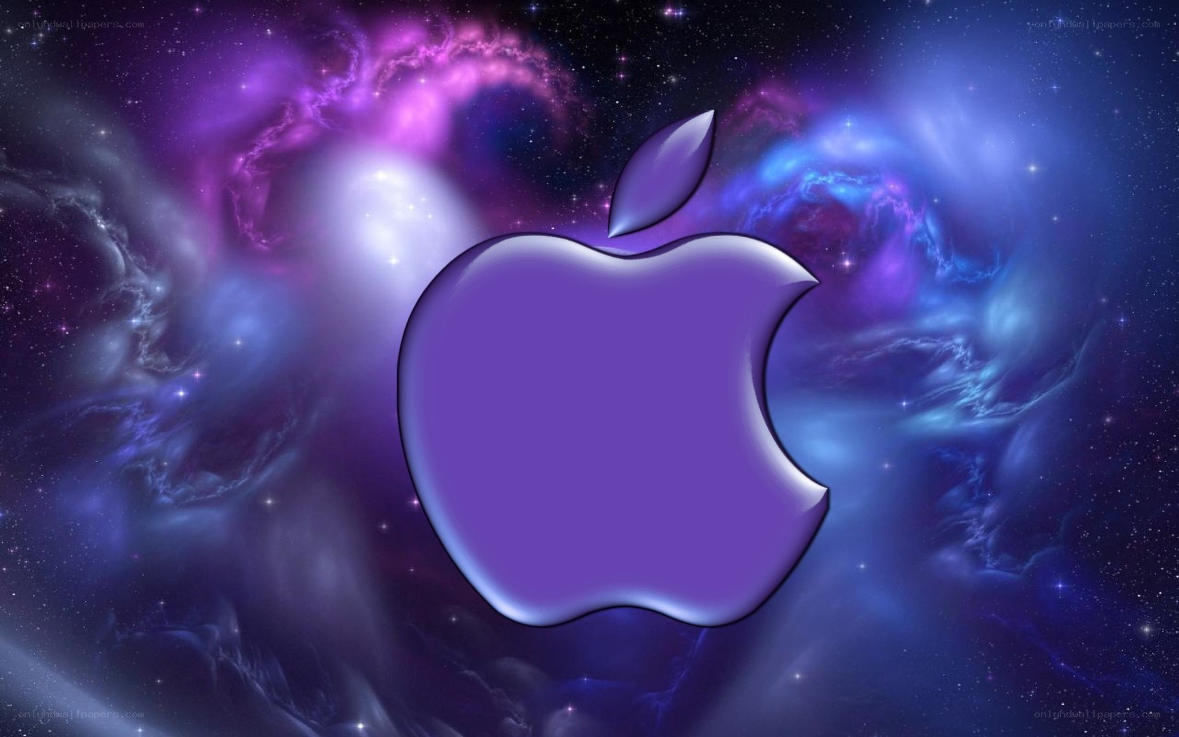 Purple Apple logo on galaxy background