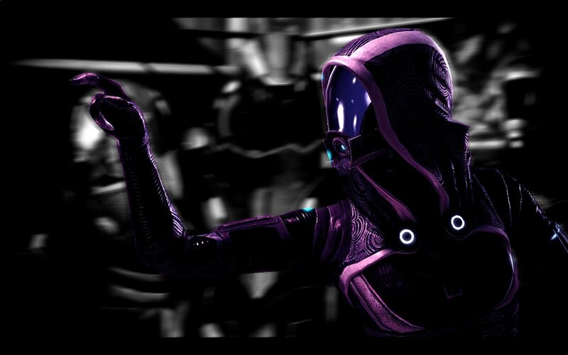purple armored figure in dark setting