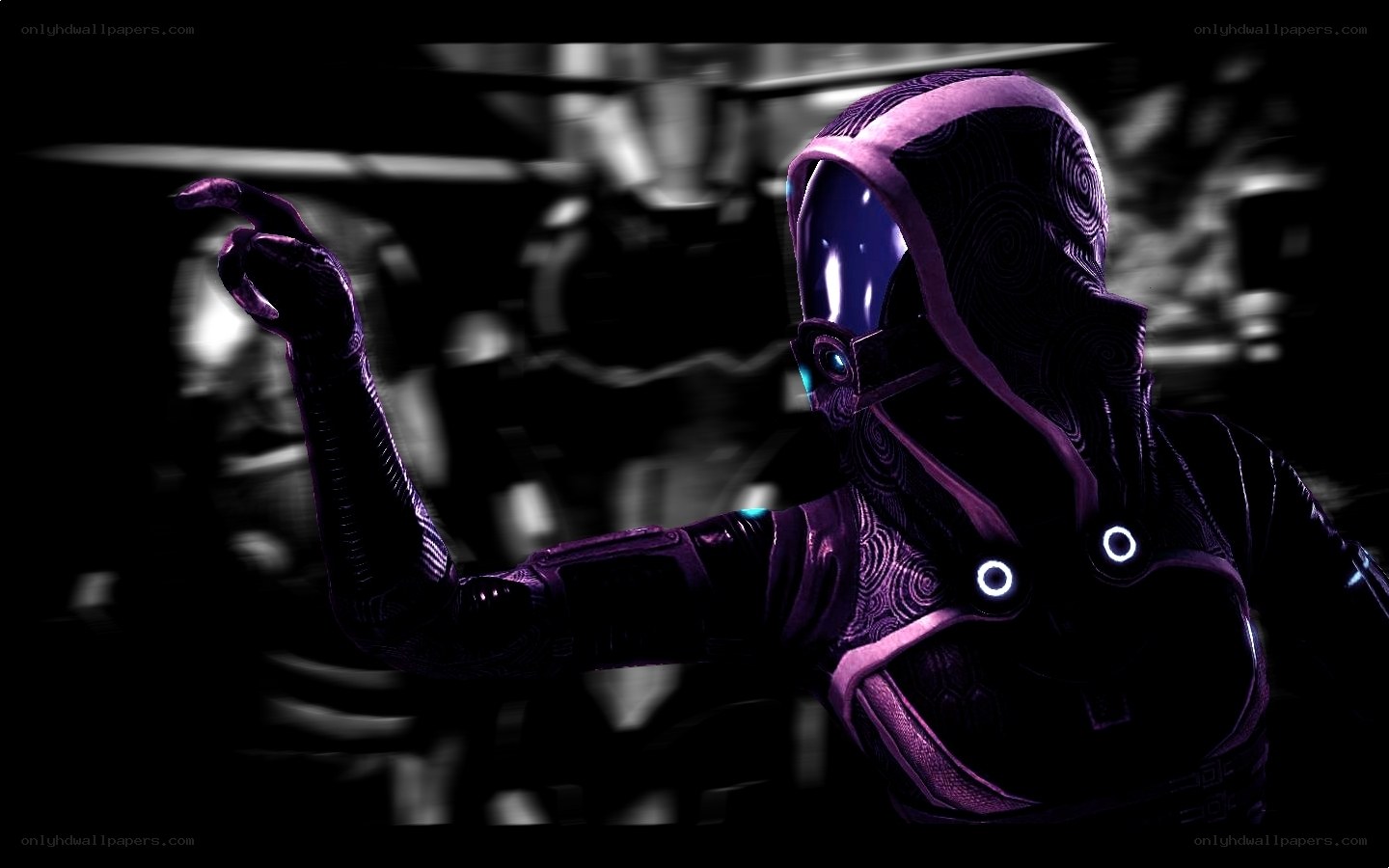 purple armored figure in dark setting
