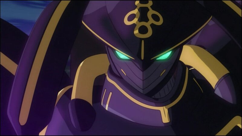 purple armored robot with glowing eyes