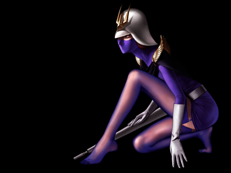 purple armored warrior crouching