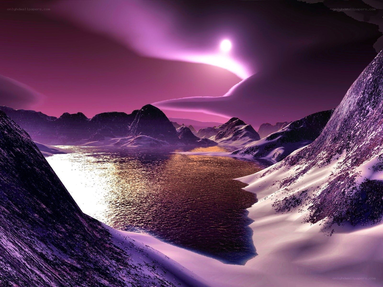 Purple aurora over snowy mountains