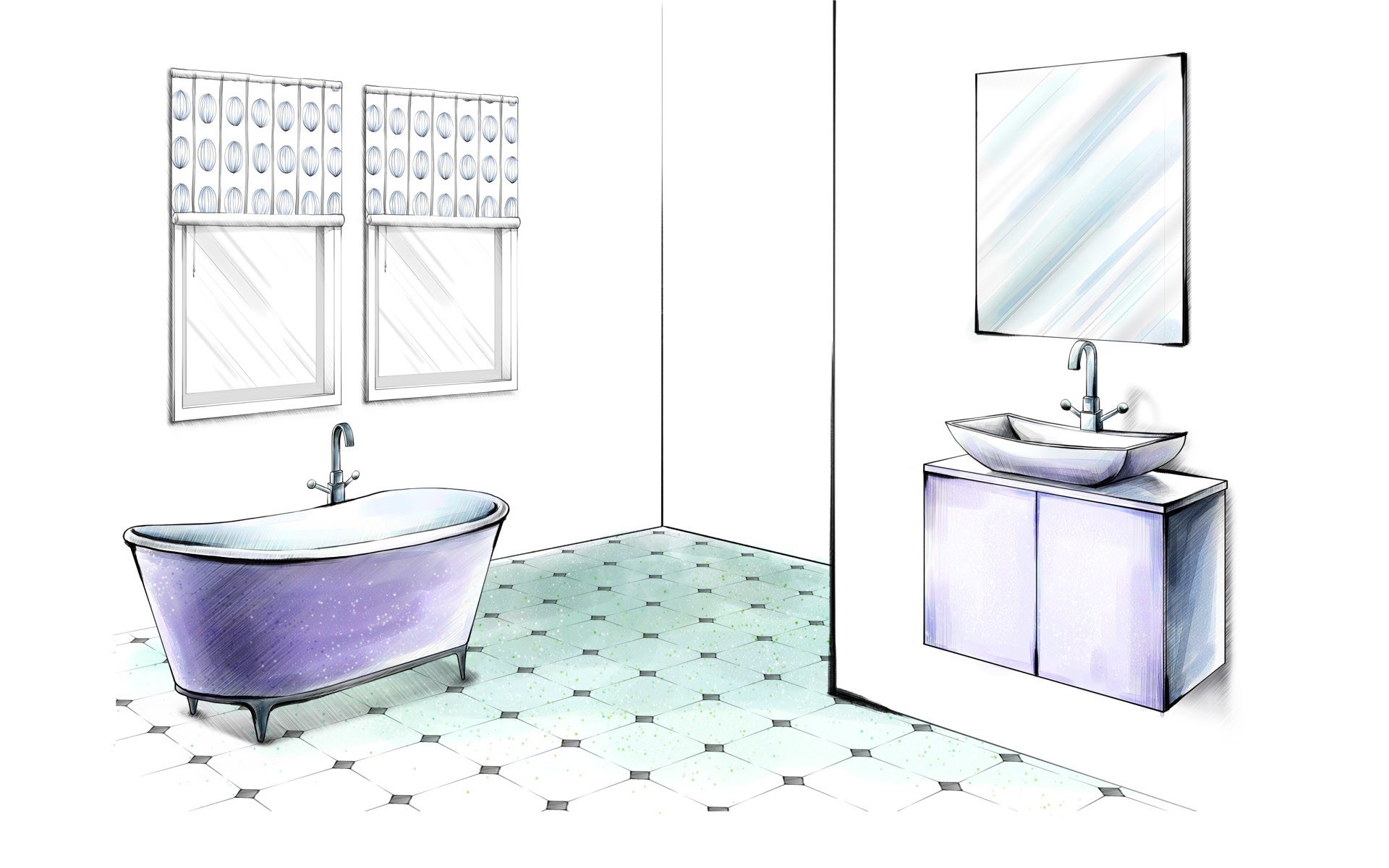 purple bathroom design sketch