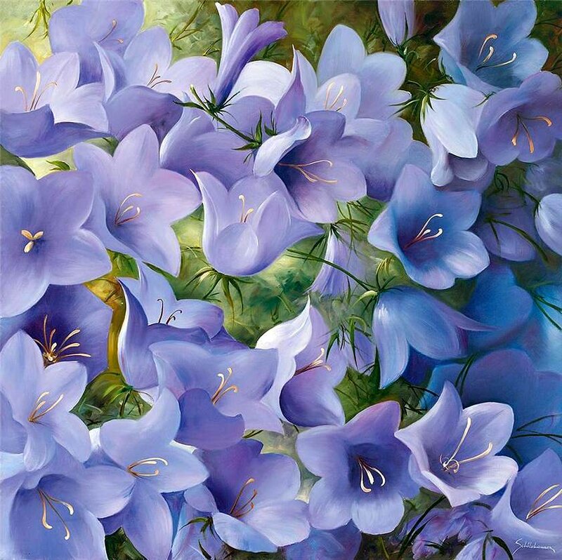 Purple Bell Flowers — Serene, Painting, Green Leaves