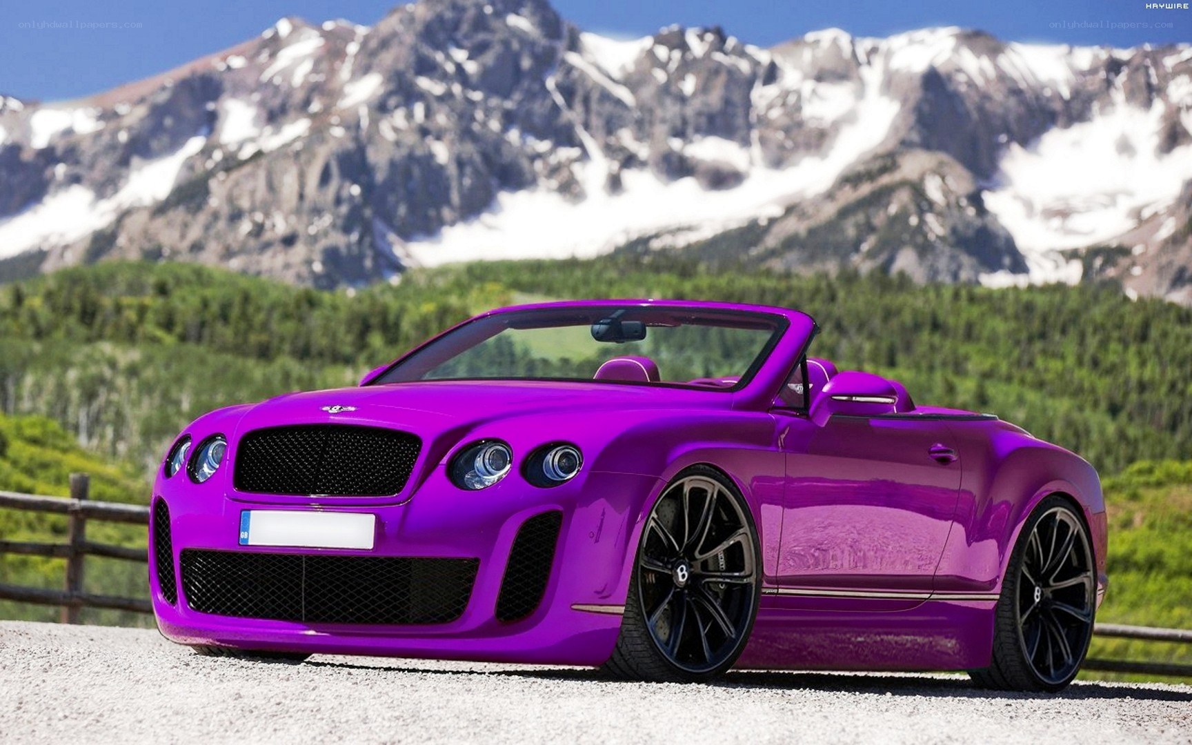 Purple Bentley in mountain landscape