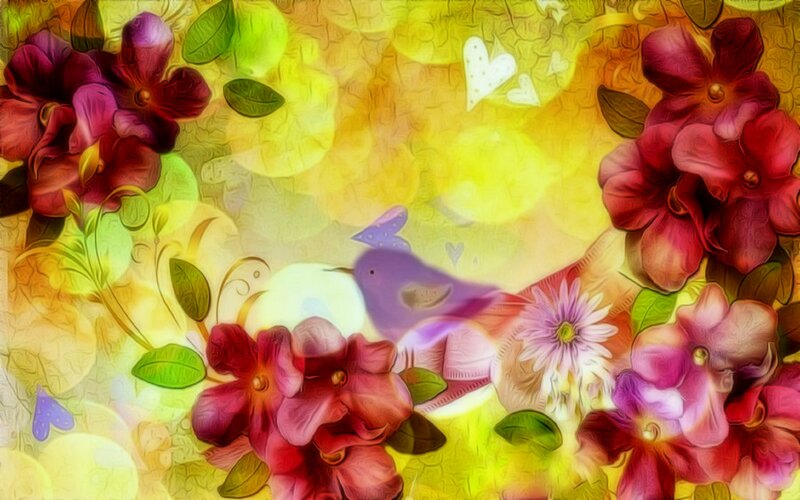 Purple Bird Among Flowers