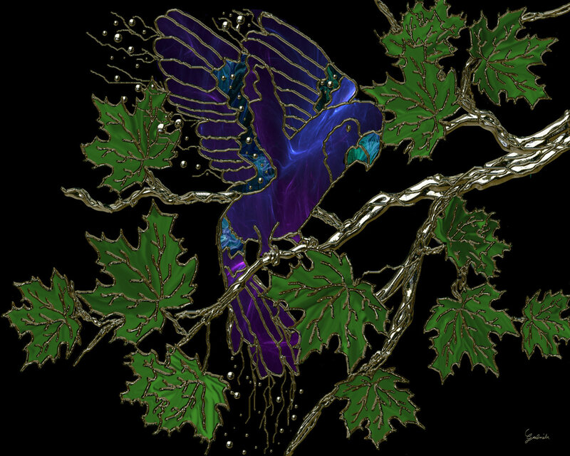 Purple Bird on Branch — Dramatic