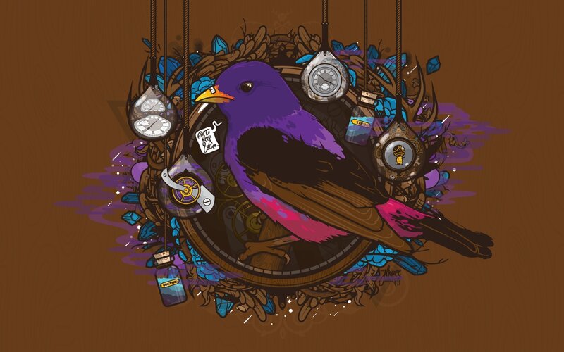 purple bird with clocks and crystals