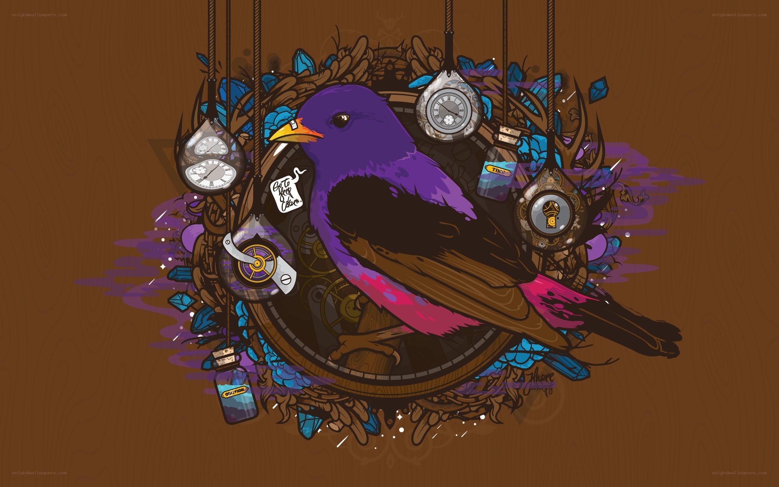 purple bird with clocks and crystals