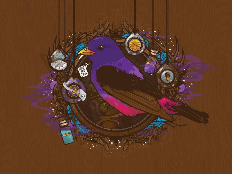 purple bird with clocks and gears