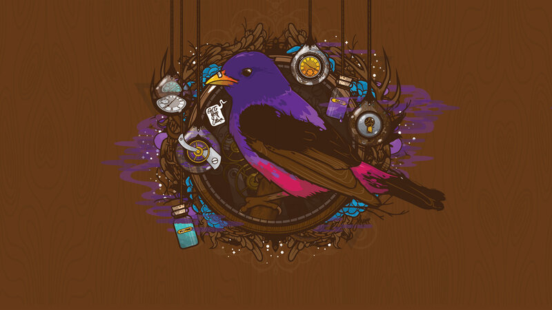 purple bird with clocks and gears