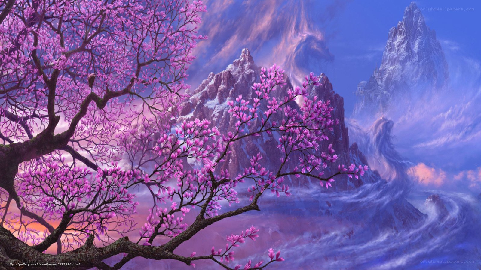 Purple Blossom Mountain Landscape