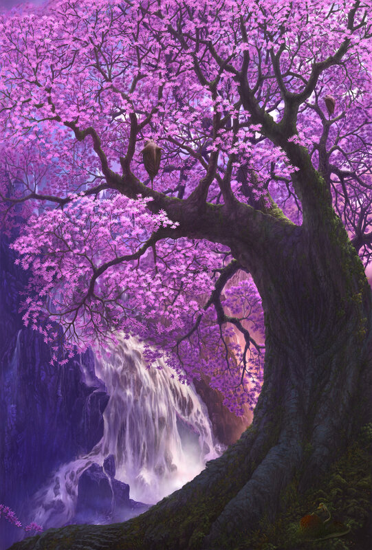 Purple Blossom Tree and Waterfall