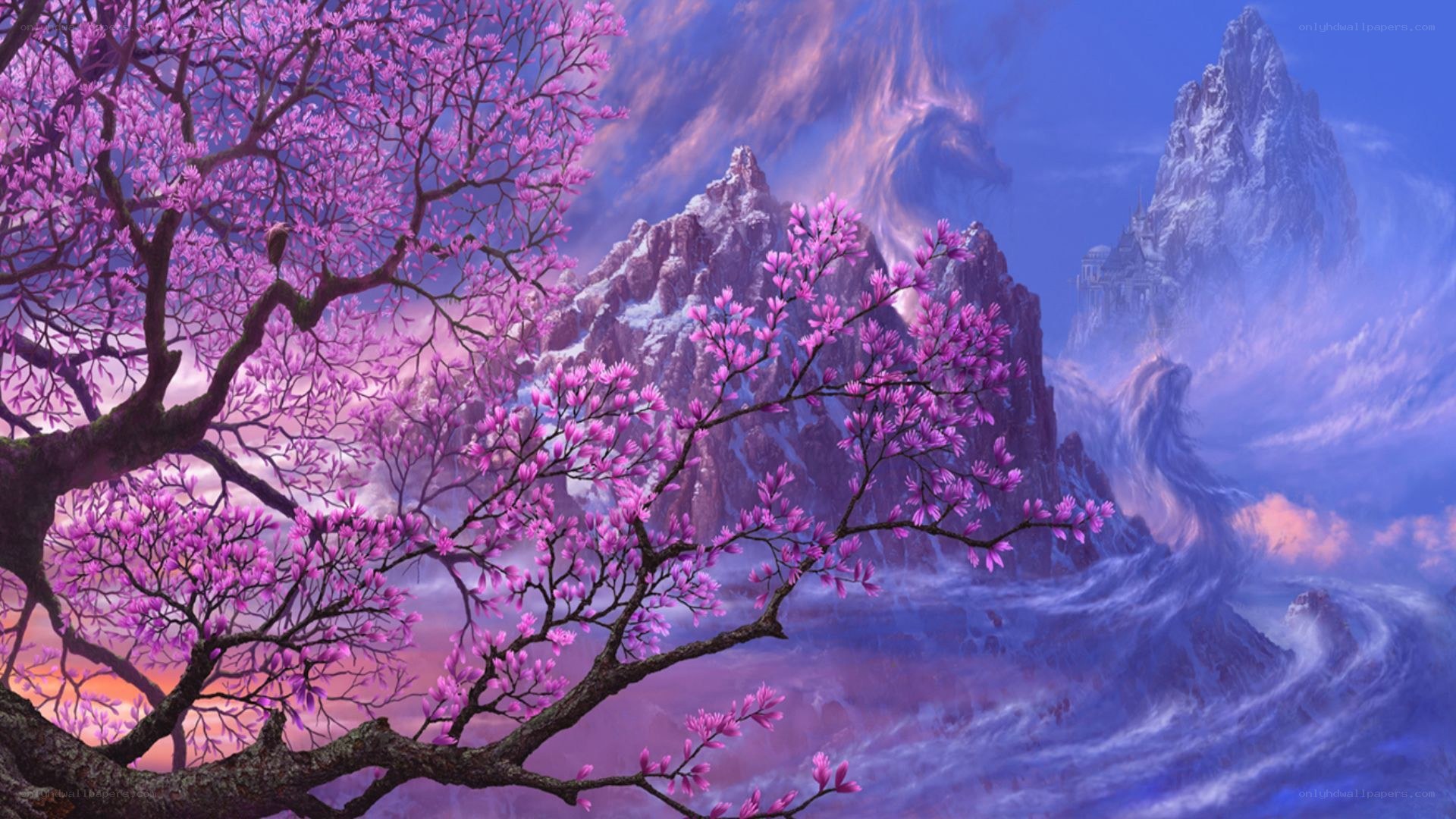 purple blossoms on mountain landscape