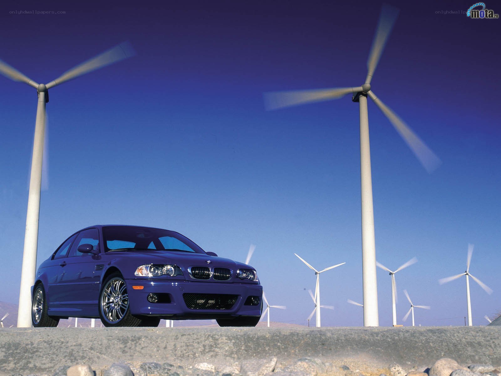 Purple BMW in wind farm