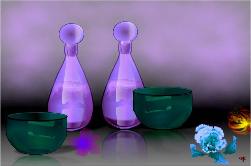 Purple Bottles and Green Bowls