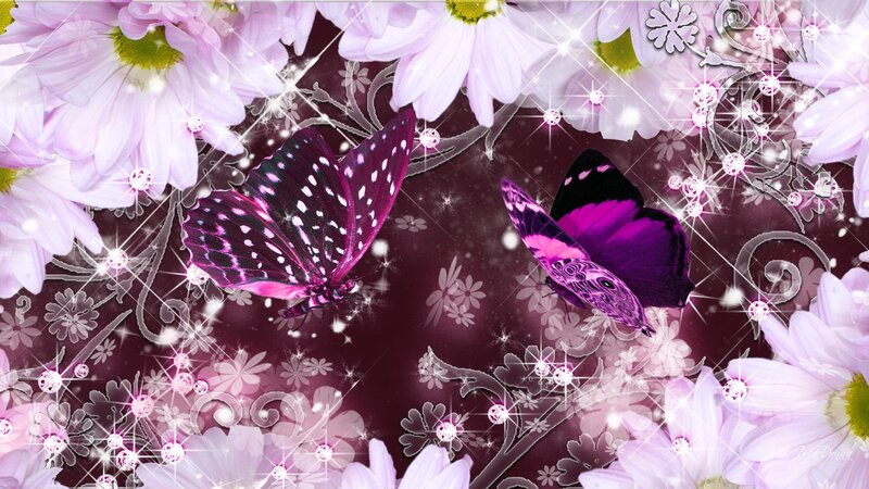 Purple Butterflies and Flowers — Dreamy, Digital Art, Sparkles