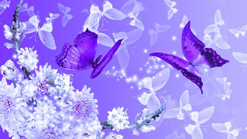 Purple Butterflies and Flowers — Dreamy, Digital Art