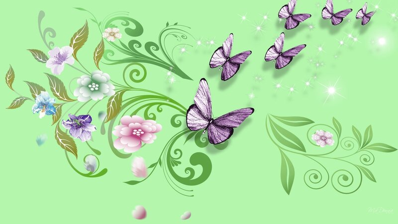Purple Butterflies and Flowers — Green