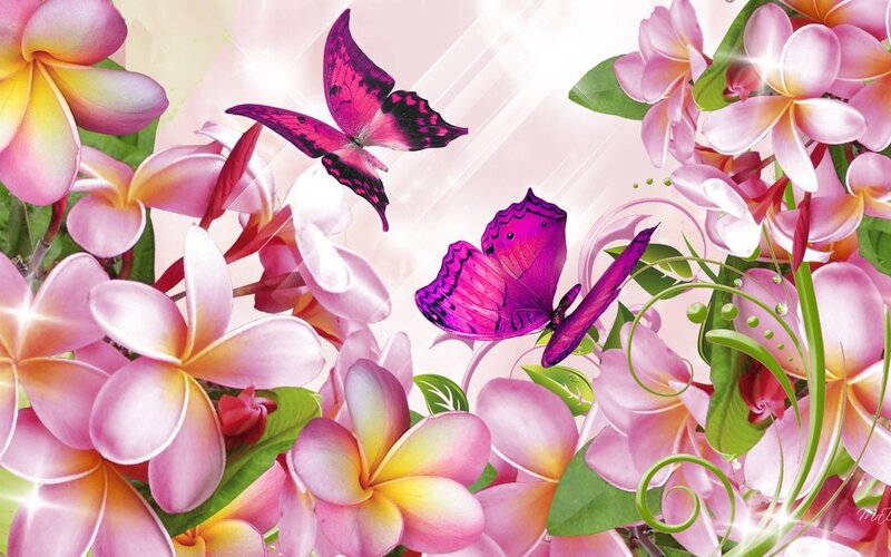 Purple Butterflies and Flowers — Pink, Bright, Digital Art