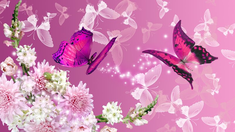 Purple Butterflies and Flowers — Pink, Dreamy, Digital Art