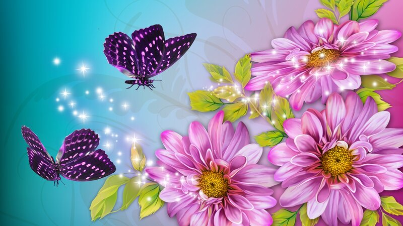 Purple Butterflies and Flowers — Pink, Whimsical, Digital Art