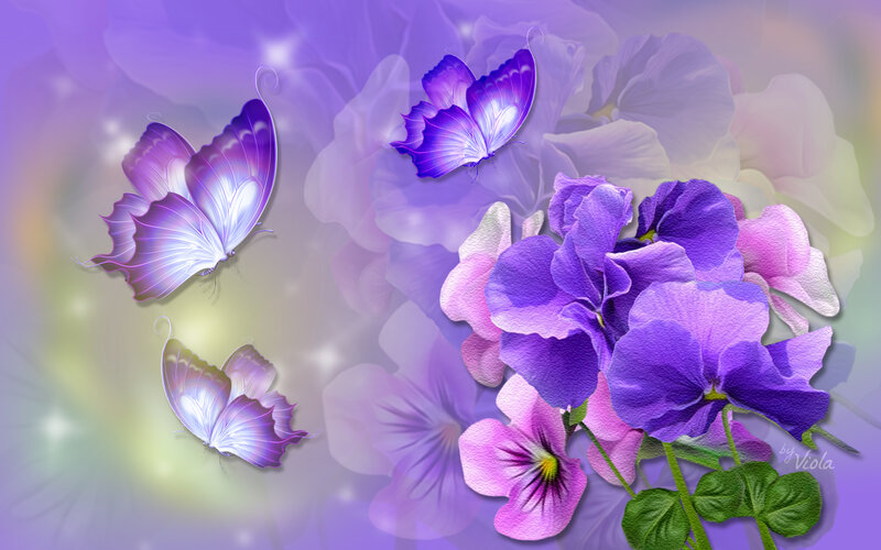 Purple Butterflies and Flowers — Serene, Digital Art, Leaves