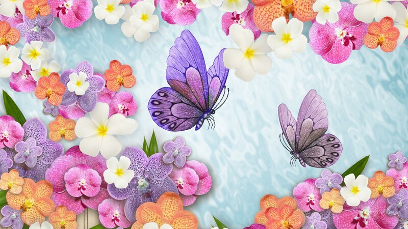 Purple Butterflies and Flowers — Serene, Digital Art, Orchids