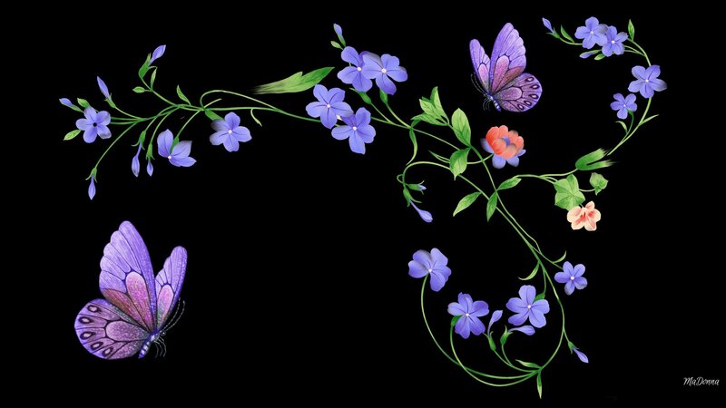 Purple Butterflies and Flowers — Serene, Digital Art, Vines