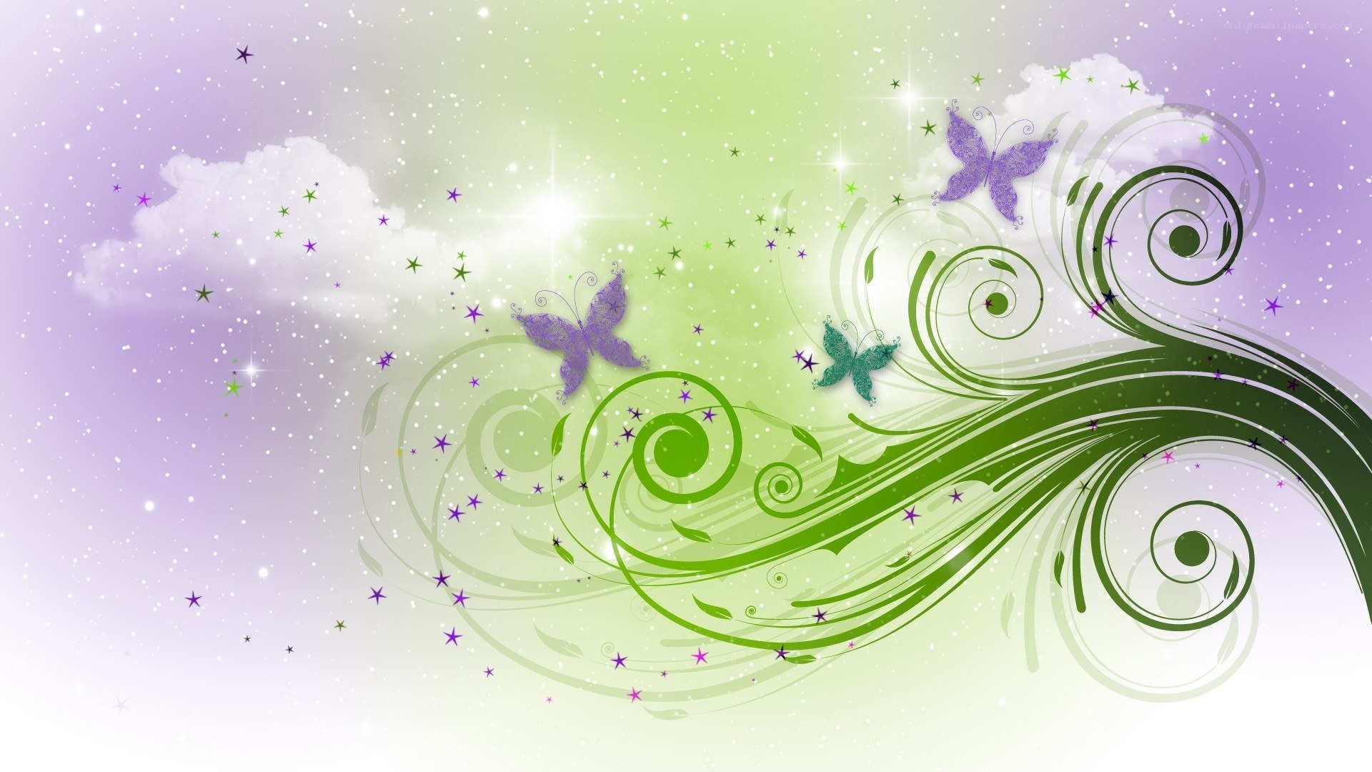 purple butterflies and green swirls