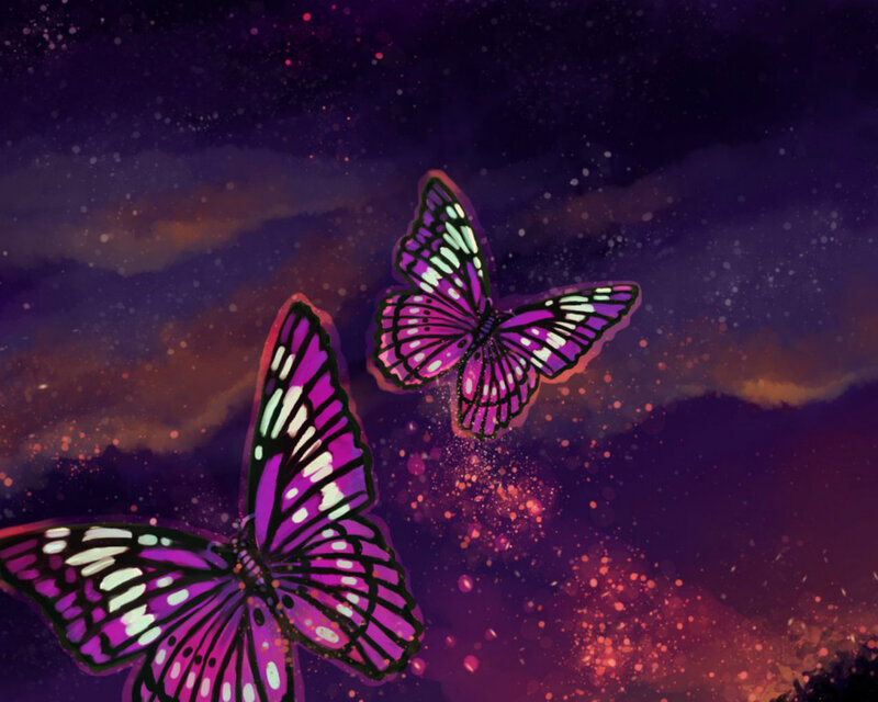 Purple Butterflies Flying — Dreamy, Night