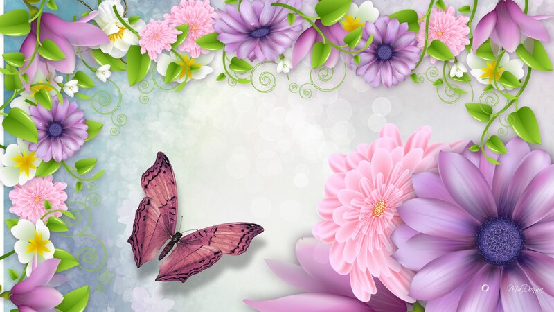 Purple Butterfly Among Flowers — Pink, Serene