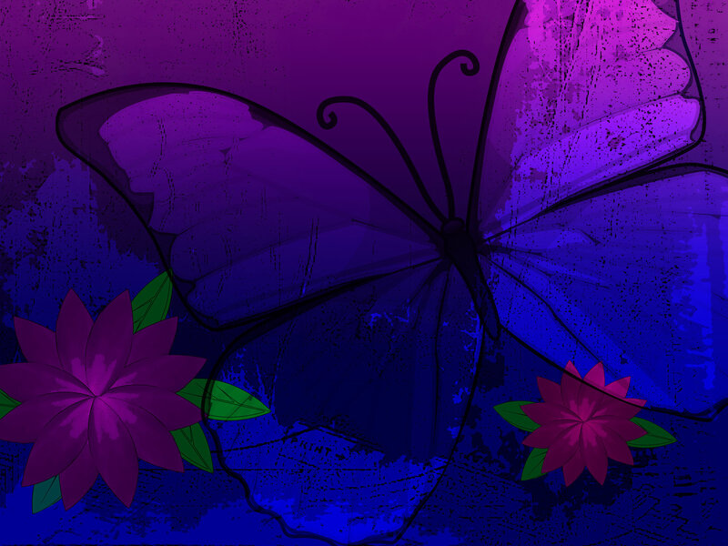 Purple Butterfly and Flowers — Dreamy, Digital Art, Leaves, Grunge Texture