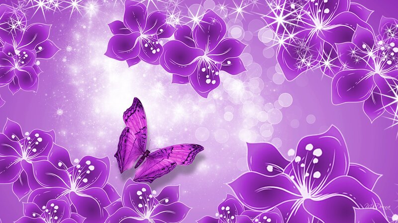 Purple Butterfly and Flowers — Dreamy, Digital Art, Sparkles