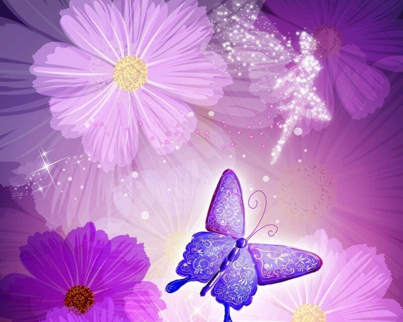 Purple Butterfly and Flowers — Magical, Digital Art