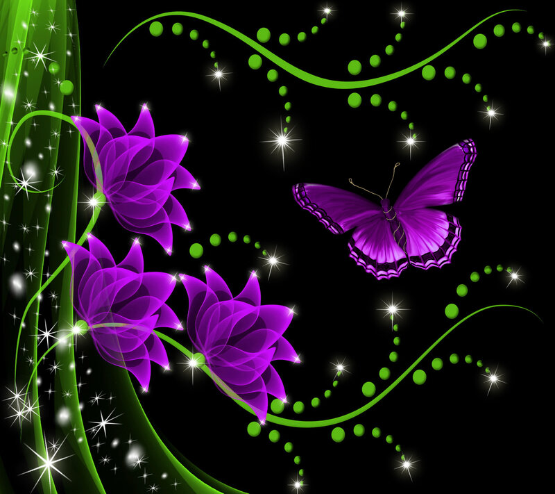Purple Butterfly and Flowers — Magical, Night