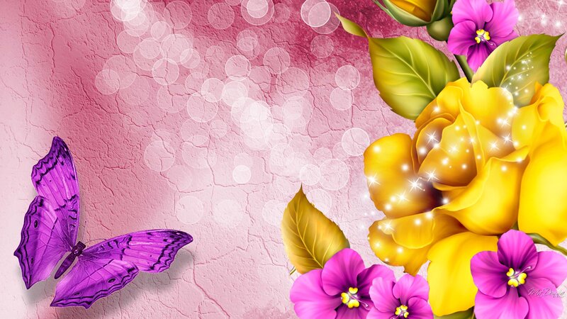 Purple Butterfly and Flowers — Pink, Dreamy, Digital Art