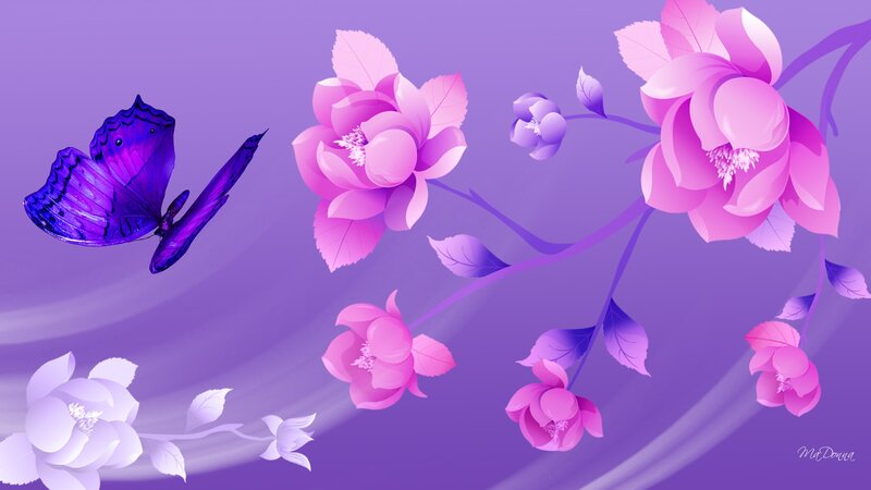 Purple Butterfly and Flowers — Serene, Digital Art, Leaves