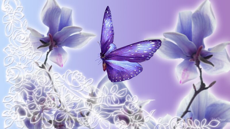 Purple Butterfly and Flowers — Serene, Digital Art