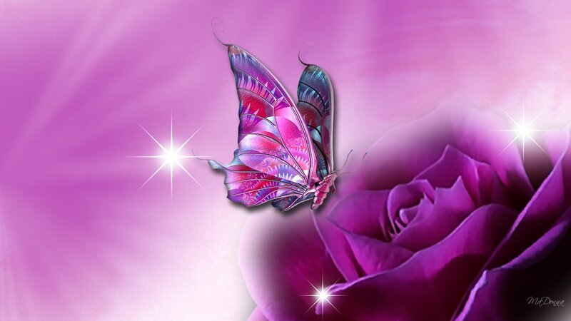 Purple Butterfly on Rose — Dreamy, Digital Art