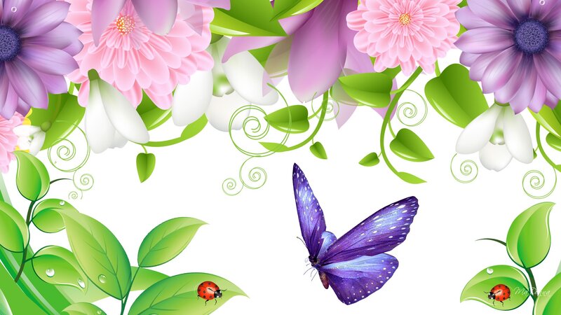 Purple Butterfly with Flowers — Serene, Spring, Digital Art
