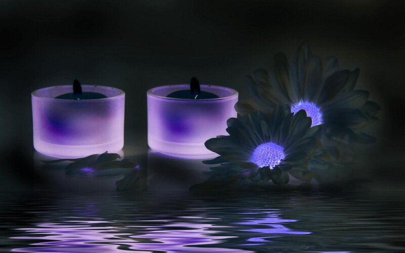 Purple candles and flowers on water